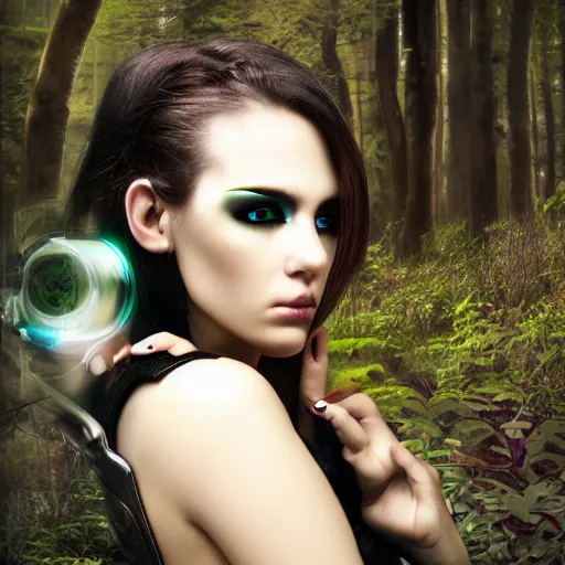 Prompt: sensual cyberpunk girl with mechanical eye in a forest