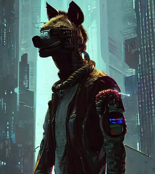 Image similar to new york city portrait of furry anthro anthropomorphic spotted hyena head animal person fursona wearing clothes strange cybernetic muzzle gloomy rainy screenshot from the video game cyberpunk 2077 digital art by Greg Rutkowski, Simon Stalenhag, christopher nolan trending on Artstation, CGSociety