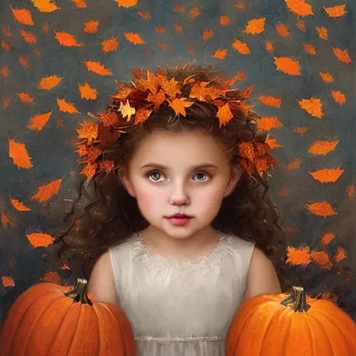 Image similar to a cute little girl with light brown wavy curly hair and blue eyes sitting amidst piles of pumpkins. beautiful cute highly detailed face. she is wearing a crown of autumn leaves. autumn and fall and halloween themed painting by artgerm and greg rutkowski and bouguereau.