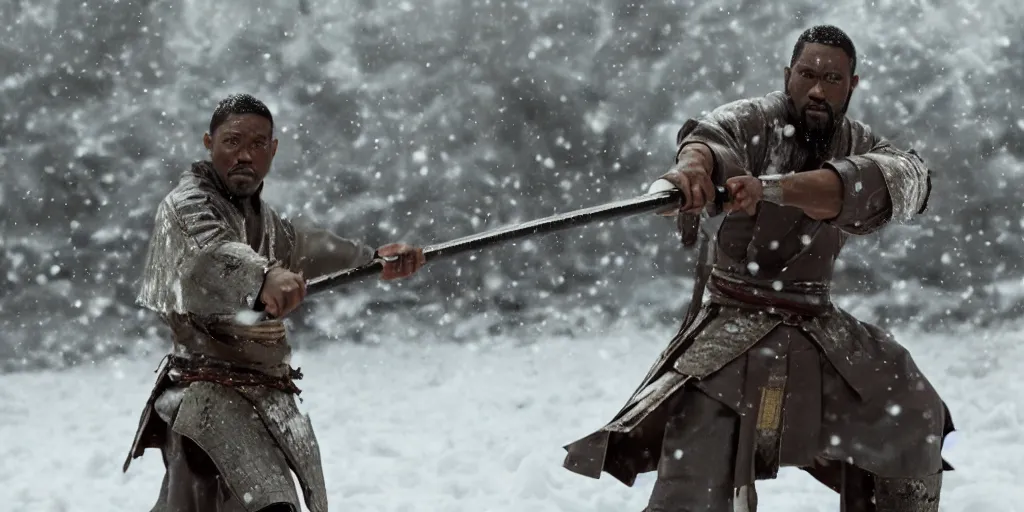 Image similar to a film still of a black man starring in a japanese blockbuster film as ancient samurai, having an intense sword fight in the snow, shallow depth of field, cinematic, award winning cgi, vfx, film still