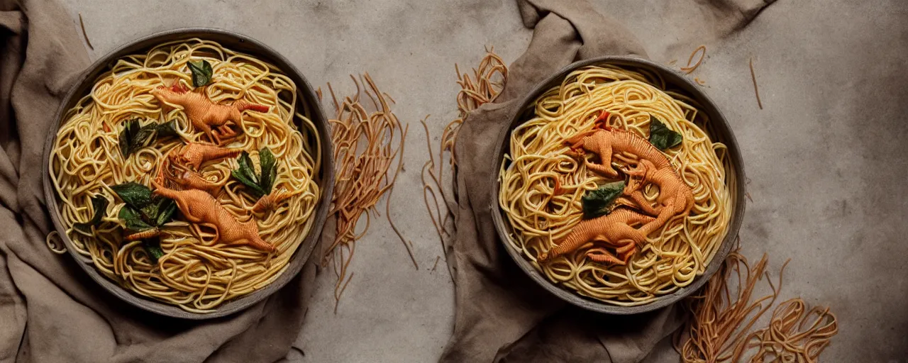 Image similar to dinosaurs living inside a bowl of spaghetti, canon 5 0 mm, cinematic lighting, photography, retro, film, kodachrome