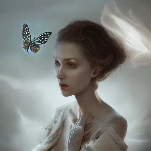 Prompt: a masterful fantastic realist painting of an enchanting woman with skeletal butterfly wings, unusual moody birds, digital painting trending on artstation, volumetric lightning and mist, hyperrealistic, octane render