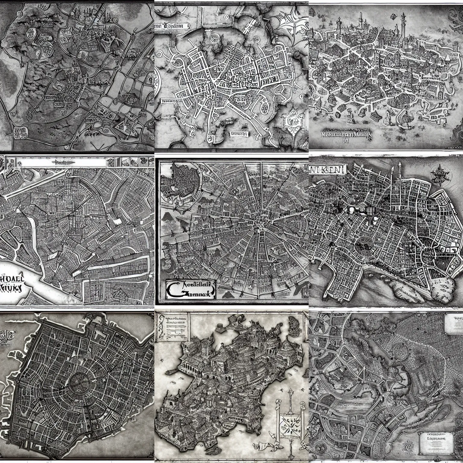 Prompt: wallpaper medieval city map lankhmar waterdeep d & d black and white