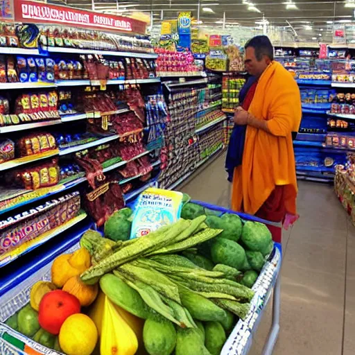 Prompt: hindu gods do their grocery shopping at walmart