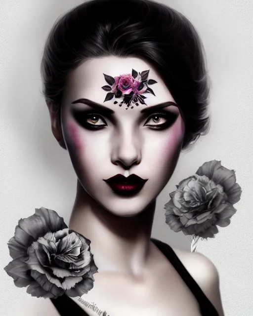 Prompt: Mysterious mafia princess portrait, flower face tattoo, smoke, chiaroscuro, noir, by artgerm and tony sart, deviantart, artstation