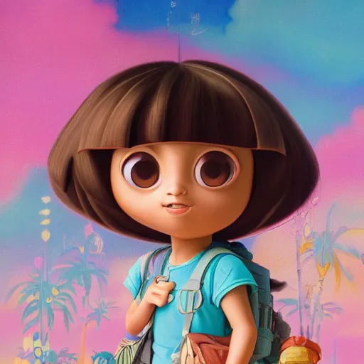 Prompt: portrait of Dora the explorer as real girl in live action movie, in happy pose, detailed, intricate complex background, japanese Pop Surrealism, lowbrow art style, muted pastel colors, soft lighting, 50's looks by Mark Ryden,Yosuke Ueno,mucha, artstation cgsociety