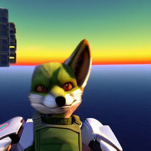 Image similar to high quality photo of star fox, fox mccloud, looking out at the ocean at sunset realism 8k award winning photo