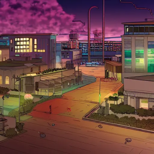 Prompt: modern anime still of an overview of a small coastal Florida town at night, downtown in the distance, key anime visuals