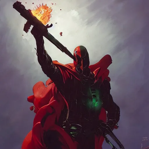 Image similar to 4k headshot of Spawn from Macfarlane comics , killing with green fire by Craig Mullins, ilya kuvshinov, krenz cushart, epic , artgerm trending on artstation by Edward Hopper and Dan Mumford and WLOP and Rutkovsky, beksinski carl spitzweg moebius and tuomas kocar, intricate artwork by caravaggio, Unreal Engine 5, Lumen, Nanite , 4K headshot of godlike clown with defined arms and open hands and bloody clothes with giant mandala wings , intricate face , flawless anime cel animation by Kentaro Miura, psychedelic , highly detailed upper body , professionally post-processed , beautiful, scary, symmetry accurate features, epic, octane rendered, anime masterpiece, accurate