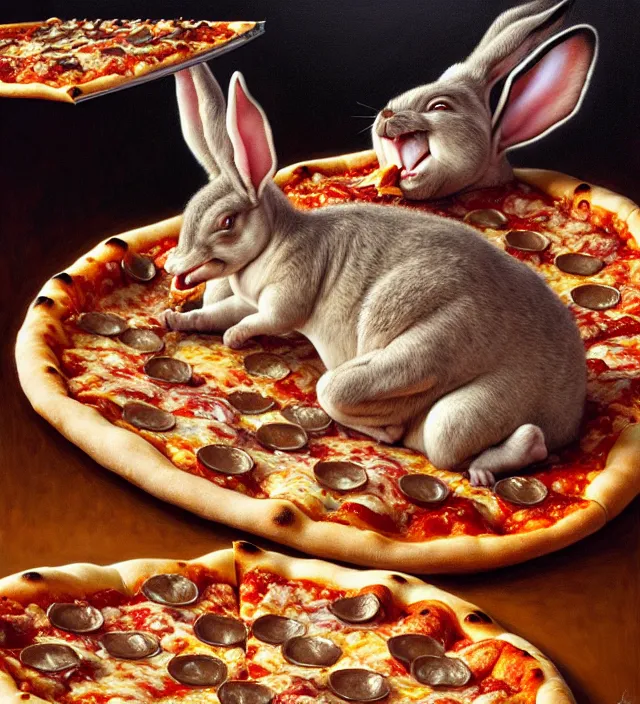 Image similar to hyper realistic derpy looking big chungus eating greasy pizza, pizza is everywhere, weird, strange, bizarre, surreal, epic composition, 2 0 0 mm focal length, painted by donato giancola, insanely quality, highly detailed, masterpiece, artstation, 4 k