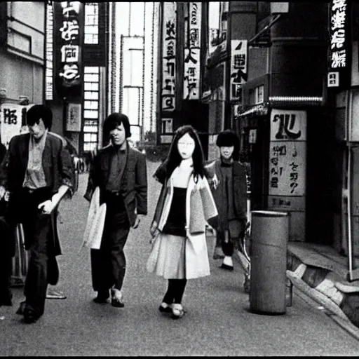 Image similar to 1 9 7 0 s japanese tv show, bw, sci - fi, tsukamoto, mechanical inhuman monsters walking the streets of shinjuku,