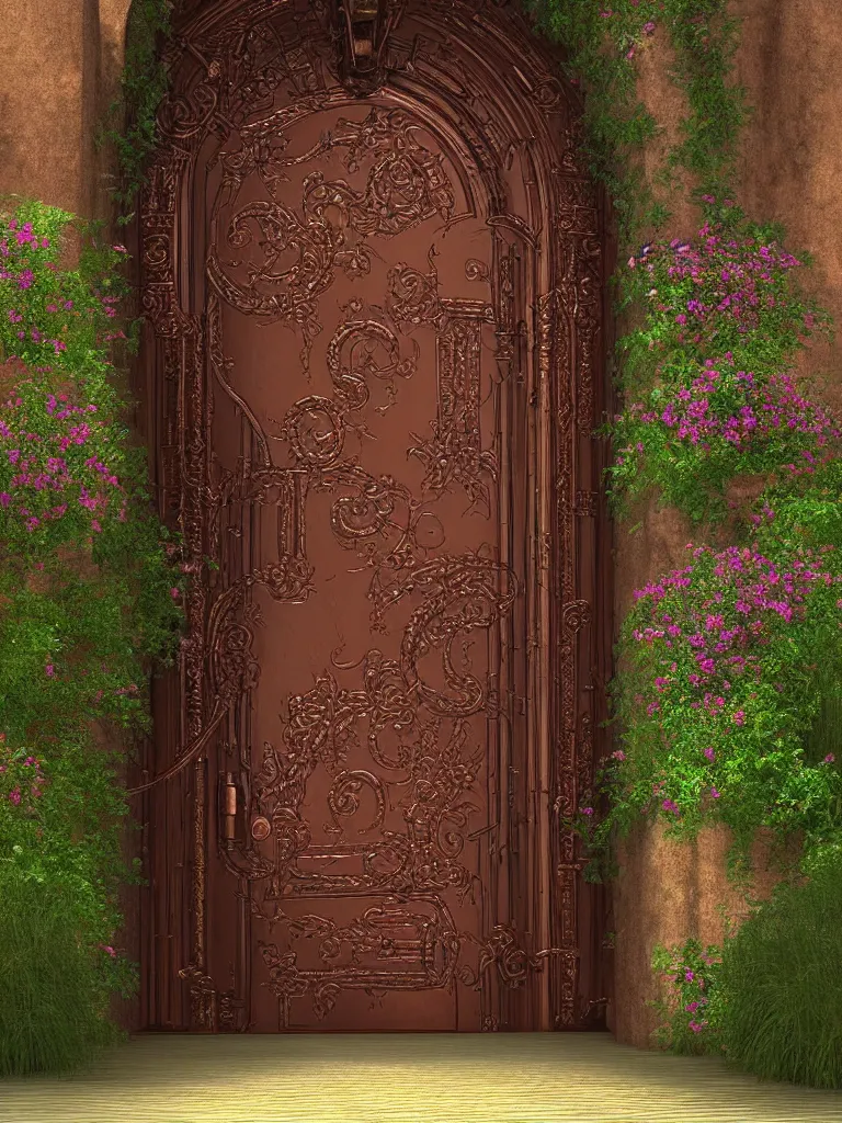 Prompt: HD digital art detailed old copper castle door entrance with flowers and a path outside by James Gurney, cgsociety, artstation