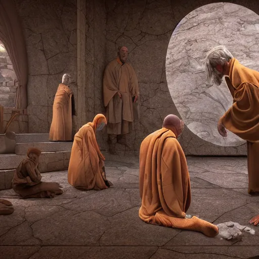 Image similar to stone priest in brown robes tending to his flock of granite children hyperrealistic, octane render intricate detail, ultra detail, in the style of moebius having a seizure in his mindpalace.