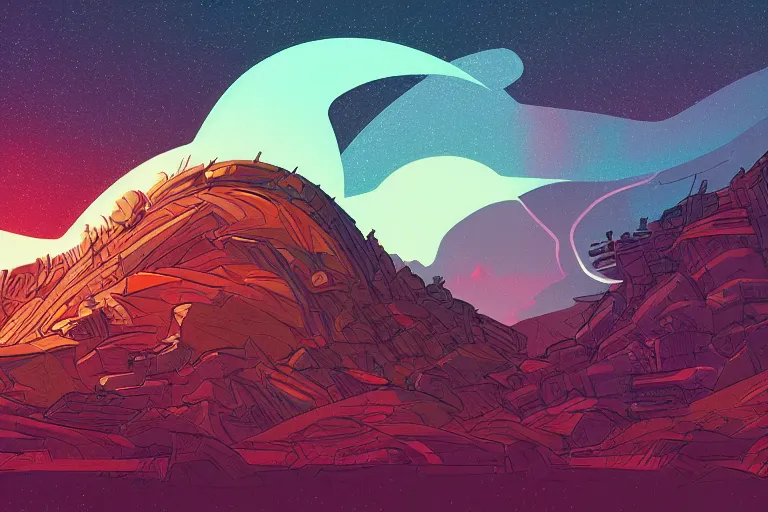 Image similar to concept art of an epic spiral galaxy in style of dan mumford and laurie greasley by james gilleard, very detailed, clean lines, atmospheric, vivid, wide angle, masterpiece