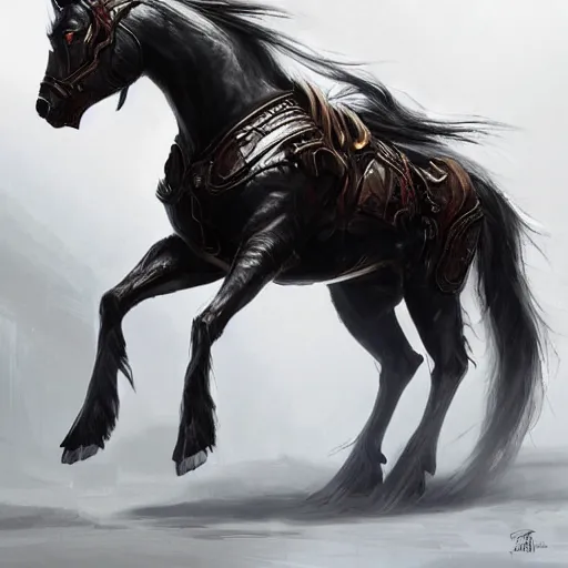 Prompt: an enormously muscular black - coated anthro horse wearing skintight armor, long white hair, high - tech facility background, highly detailed, digital painting, artstation, concept art, illustration, art by artgerm, greg rutkowski, wlop