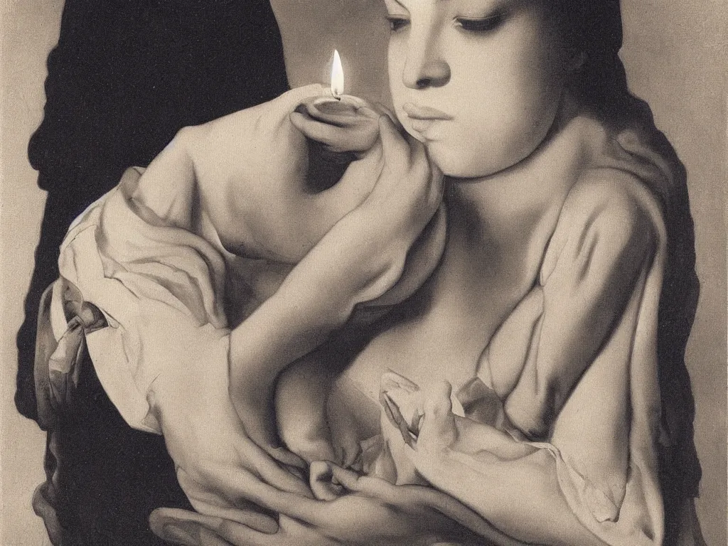 Image similar to Close up of a lily held at a woman's chest. Dressed in white blouse, candle light. Painting by Georges de la Tour, Karl Blossfeldt