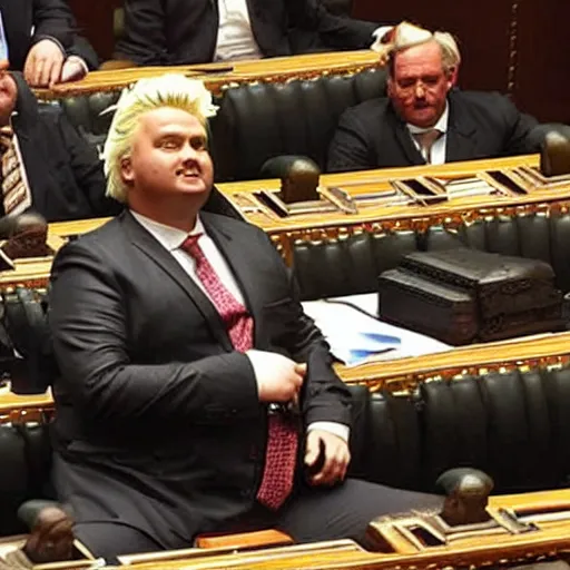 Image similar to obese geert wilders sitting in parliament bench