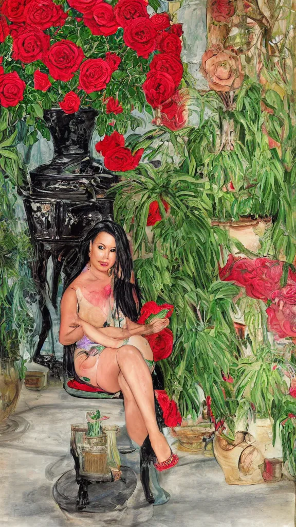 Prompt: rebekah delrio in a botanical room set near a persian pot of red roses and palm tree by narges shaeri