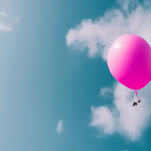 Image similar to a 5 0 mm lens photograph of a cute pink floating modern house, floating in the air between clouds, inspired by the movie up, held up from above by ballons. mist, playful composition canon, nikon, award winning, photo of the year