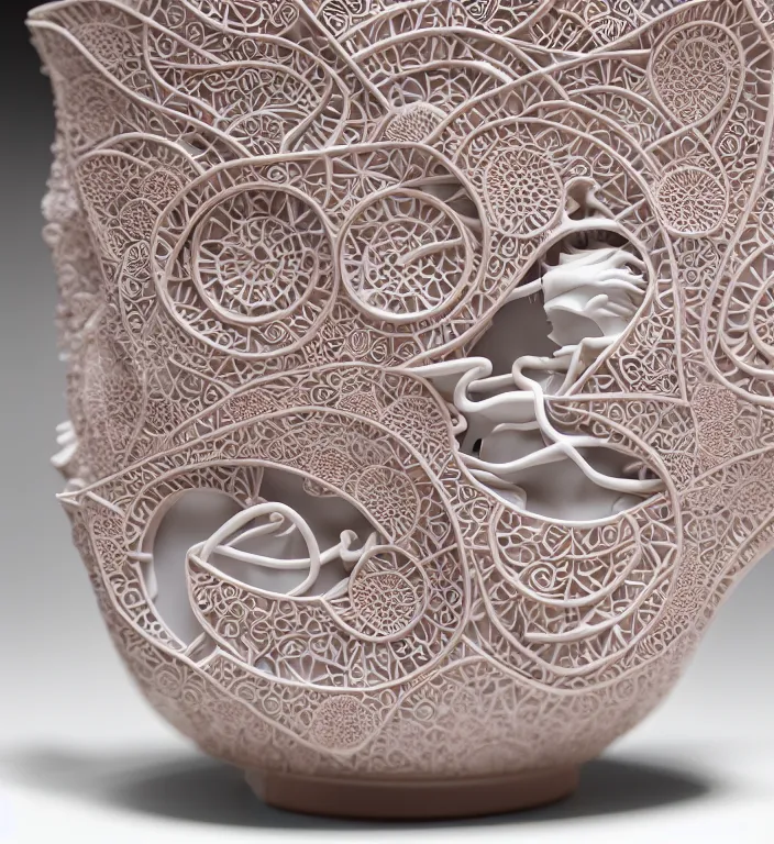 Image similar to Japanese architecture , A Close up photo-real delicate ceramic porcelain sculpture of a symmetrical ornate detailed in front of an intricate background by Victo Ngai and takato yamamoto, micro detail, backlit lighting, face in focus, subsurface scattering, translucent, thin porcelain, octane renderer, colorful, physically based rendering, japanese pottery, trending on cgsociety