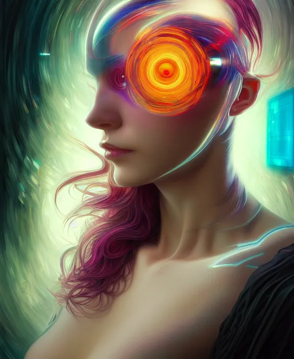 Image similar to a whirlwind of souls rushing inside the metaverse, hologram, half body, neurochip, shaved temple, piercing, jewelry, android, cyborg, cyberpunk face, by loish, d & d, fantasy, intricate, elegant, highly detailed, colorful, digital painting, artstation, concept art, art by artgerm and greg rutkowski and alphonse mucha