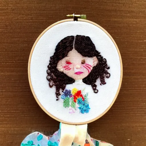 Prompt: a tiny beautiful handmade embroidery of a little girl with brown curly hair. hand embroidery.