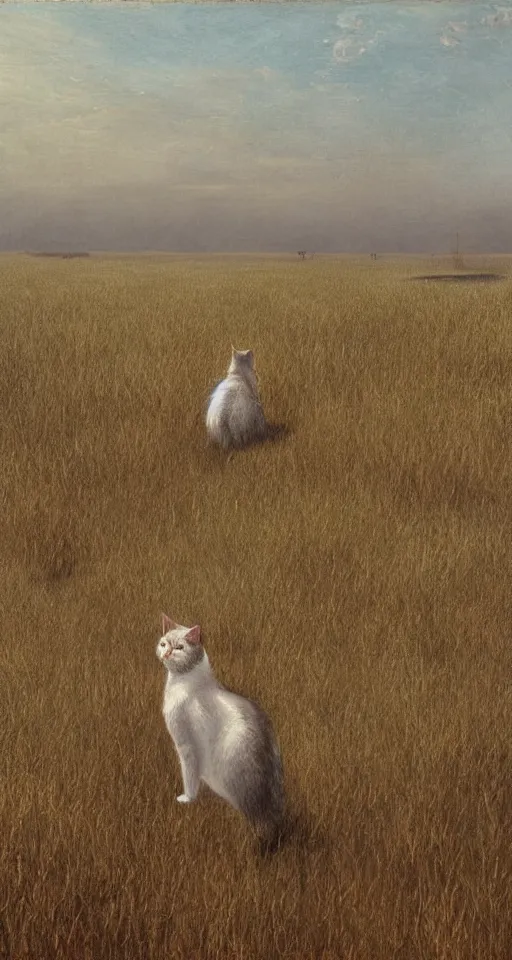 Image similar to a cat in the steppe, summer field, misty background, from the game pathologic 2, highly detailed, sharp focus, matte painting, by isaac levitan and asher brown durand,