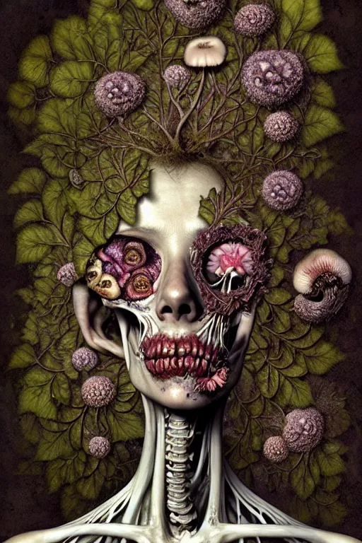 Prompt: very sad and detailed rotten woman corpse with fractal plants and fractal flowers and mushrooms growing around, face muscles, veins, arteries, bones, anatomical, intricate, ornate, surreal, ray caesar, john constable, guy denning, dan hillier