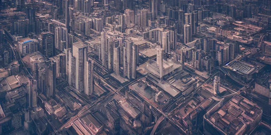 Prompt: drone view of a city with a large road through, Brutalist architecture,sharp focus,telephoto lens,digital art by Jordan Grimmer 4k