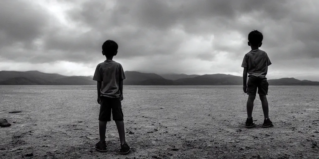 Image similar to a boy standing in front of a new world