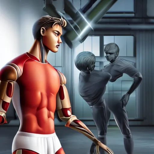 Image similar to a realistic detailed photo of a guy who is an attractive humanoid who is half robot and half humanoid, who is a male android, attractive and handsome soccer players, shiny skin, posing like a statue, blank stare, in a factory, on display, showing off his muscles, wearing soccer shorts, side view, looking at each other mindlessly