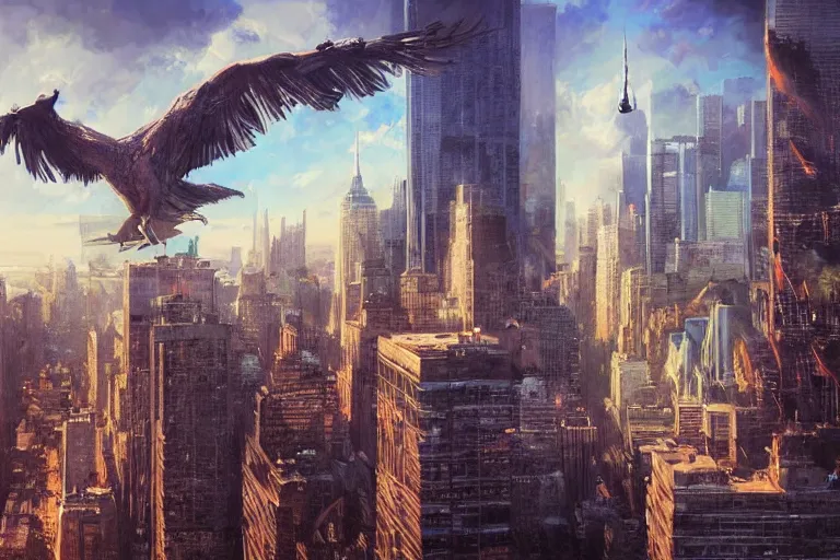 Prompt: giant bird destroys New York, giant bird monster, dramatic oil painting, volumetrics, explosions, cityscape, by WLOP, by Artgerm