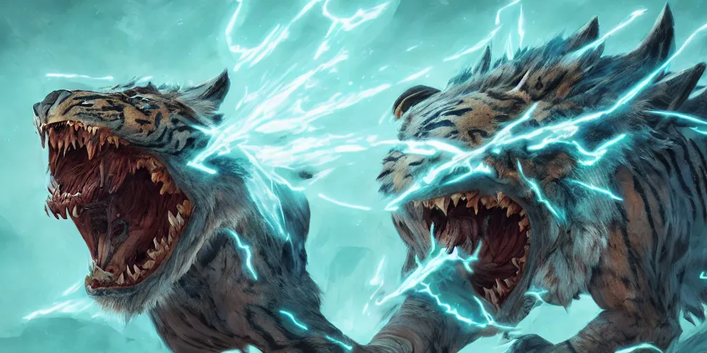 Image similar to Ghostly tiger creature made out of turquoise energy character design sheet, Monster Hunter Illustrations art book, Bright sparks, claws, huge sabertooth fangs, Moebius, Greg Rutkowski, Zabrocki, Karlkka, Jayison Devadas, Phuoc Quan, trending on Artstation, 8K, ultra wide angle, zenith view, pincushion lens effect.