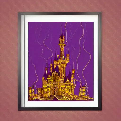 Image similar to amazing architecture comic - book art, epic castle, amazing purple and amber gold lighting, with half - tone - print features that blend into the art style and print