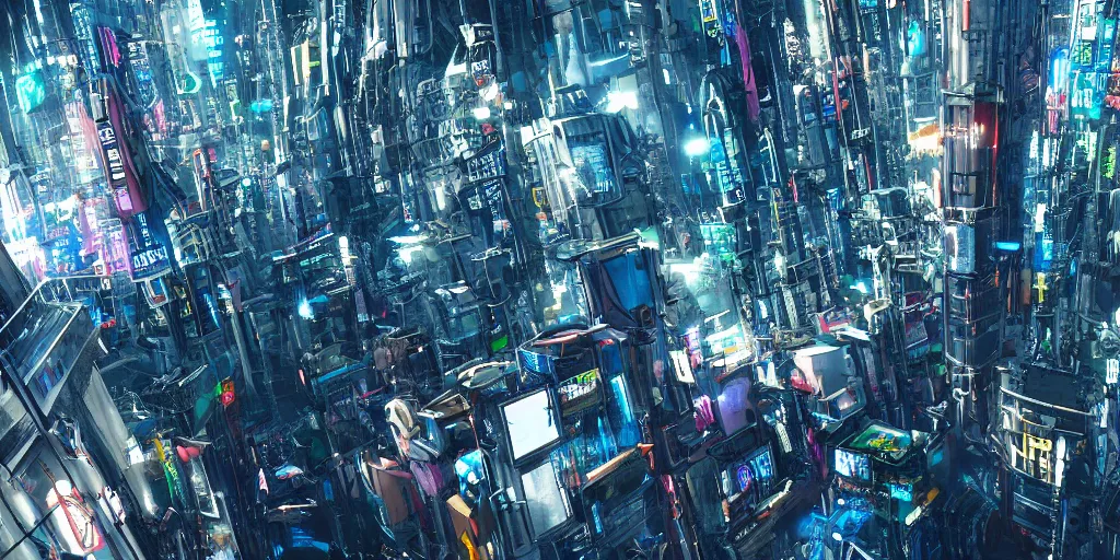 Image similar to Flying through a cyberpunk city, CGI, Imax