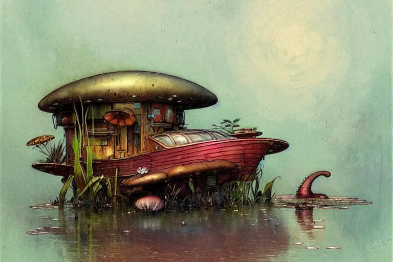 Image similar to adventurer ( ( ( ( ( 1 9 5 0 s retro future robot mouse house boat home. muted colors. swamp mushrooms. water lilies ) ) ) ) ) by jean baptiste monge!!!!!!!!!!!!!!!!!!!!!!!!! chrome red