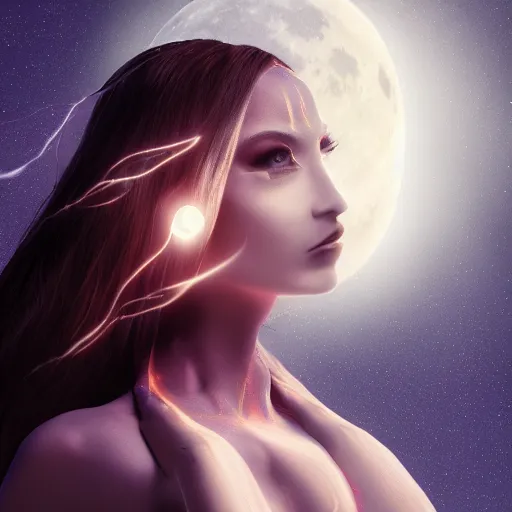 Image similar to portrait of moon witch, beautiful, attractive, glowing, jaw dropping, magical, dynamic lighting, dark, menacing, 4 k octane render, age 2 0, background moon