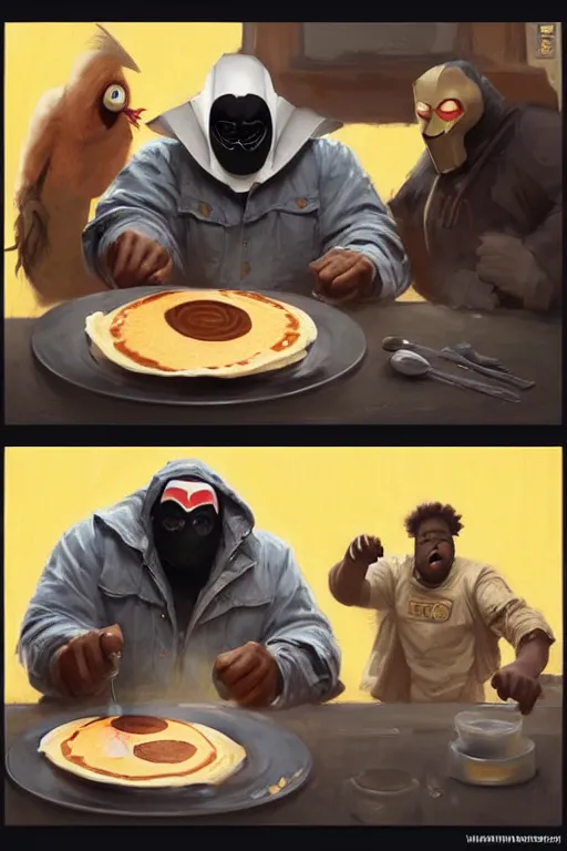 Image similar to mf doom making pancakes animation pixar style, by magali villeneuve, artgerm, jeremy lipkin and michael garmash, rob rey and kentaro miura style, golden ratio, trending on art station