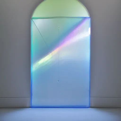 Image similar to an ultra high definition professional studio quality photograph of a transparent iridescent perspex pastel coloured inflatable abstract parachute coat in an empty white room. dramatic lighting, ray tracing, refraction, shallow d. o. f, colour corrected, golden ratio, three point light. volumetric shadows. god rays.