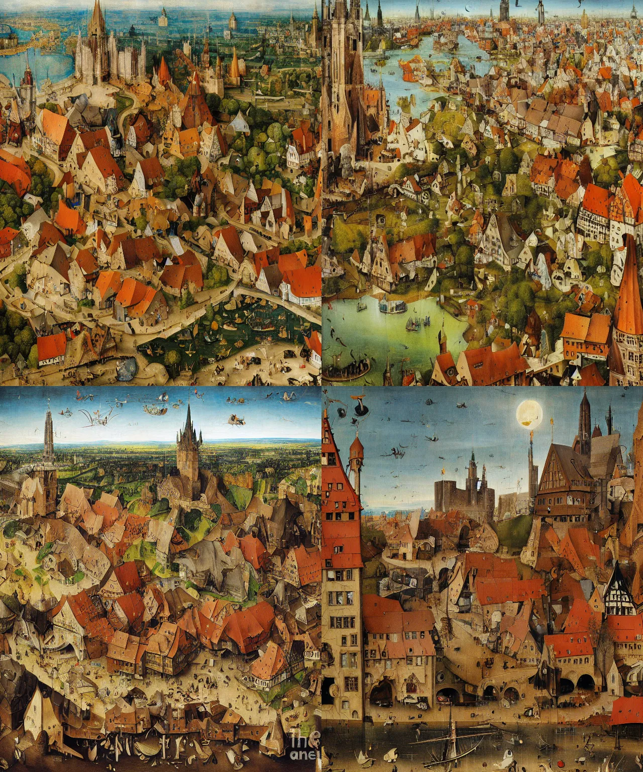 Prompt: a painting of the city of nuremberg by john blanche, hieronymus bosch, highly detailed, oil on oak wood