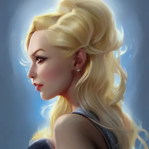 Image similar to portrait of beautiful girl with blond hair and blue eyes, League of Legend illustration by Sam Youn:1, profile picture by Gil Elvgren:2, Krenz Cushart:2, asymmetrical, Organic Painting, Ambient Occlusion:3, Matte Painting, bold shapes, hard edges, street art, trending on artstation, realistic:2 by Sachin Teng:5