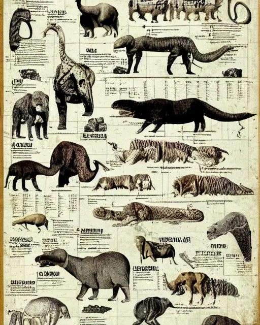 Prompt: a diagram a graphic of extinct animals, blueprint, diagram, paper texture n 4