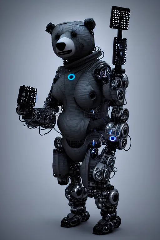 Image similar to high quality 3 d render cyborg bear! plays a cyberpun guitar, cyberpunk highly detailed, unreal engine cinematic smooth, in the style of blade runner, hannah yata charlie immer, moody light, low angle, uhd 8 k, sharp focus