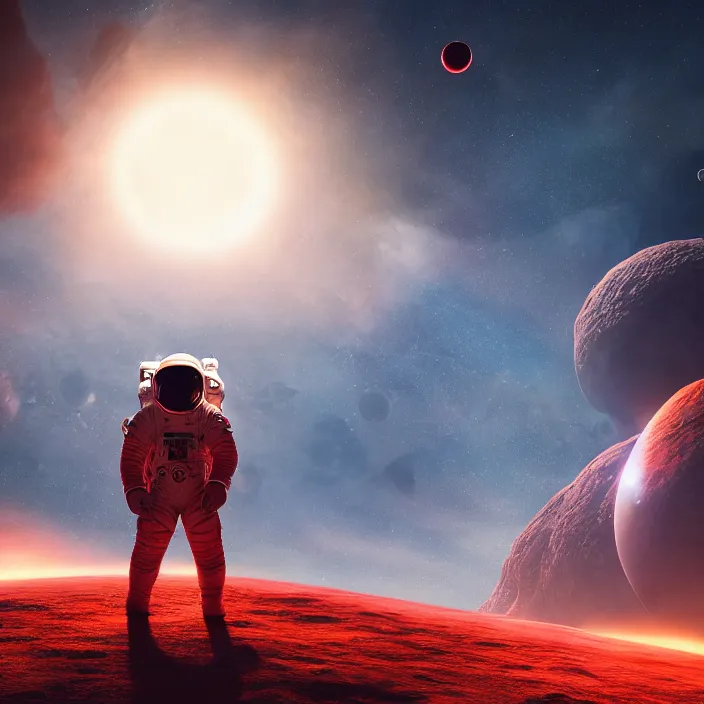 Image similar to a astronaut walking on a alien planet with a red giant galaxy appearing in the sky, digital art, concept art, trending on DeviantArt, highly detailed, high quality, 8K HDR, cinematic lighting, breathtaking image