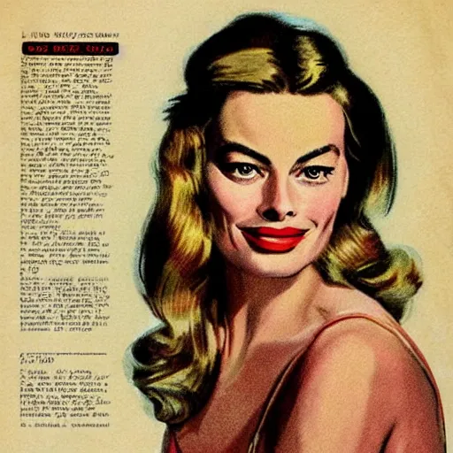 Image similar to “Margot Robbie portrait, color vintage magazine illustration 1950”