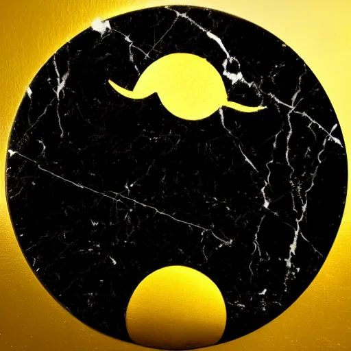 Prompt: gold plated black marble. the sun has a face with many eyes and teeth. seen through the fog