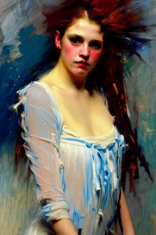 Image similar to impressionist brushstrokes!!!! solomon joseph solomon and richard schmid and jeremy lipking victorian loose genre loose painting full length portrait painting of a young beautiful woman punk rocker