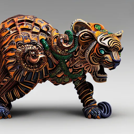 Prompt: coloured sculpture breathtakingly cool beautiful stylised balinese ornate biomechanical tiger, isometric perspective, 8 k artstation