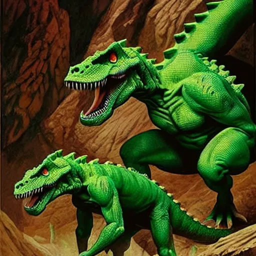 Prompt: A green scaly dinosaur!!! fighting with several realistic detailed cavemen with proportioned bodies, the cavemen are armed with spears, the caveman are in a fighting stance, the cavemen are wearing animal furs, coarse canvas, visible brushstrokes, intricate, extremely detailed painting by Greg Rutkowski