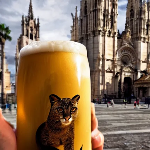 Image similar to A beautiful humanoid Puma holding a dripping fresh beer with its paws in the city centrum from Palma de Mallorca with Palma Cathedral in the background, highly detailed, octane render, k, cinematic, high detail, unreal engine, 8k, High contrast, golden ratio, trending on cgsociety